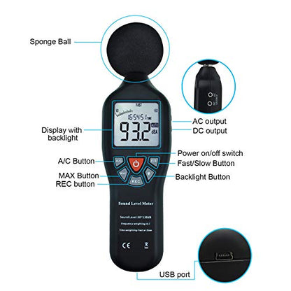 Decibel Meter Sound Level Meter Data Logger with CD Software Audio Decibel Noise Measure Tester 30 – 130 dB Audio Noise Measuring Range with Backlit LCD Display, Data Record Function