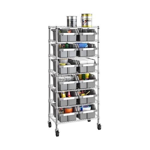 7-Tier NSF 12-Bin Steel Wire Shelving Rack, 25"W x 14"D x 56"H, Gray - color: Gray, size: Includes 12 Bins