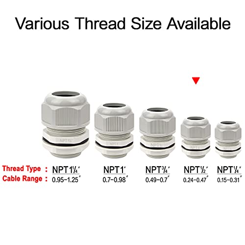 LeMotech 10 Pack NPT 1/2" Cable Glands Waterproof Adjustable 6-12mm Cable Connectors Grey Nylon Joints with Gaskets - color: Grey, size: 1/2inch 10-pack