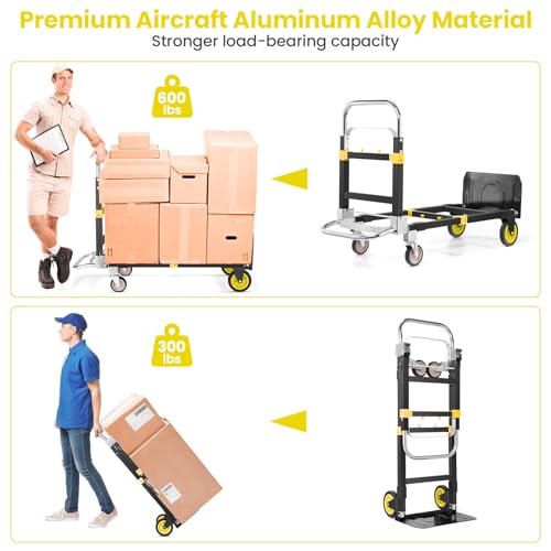 3-in-1 Folding Hand Truck, 600lb Convertible 4 to2 Wheel Dolly Cart Yellow - color: Yellow-1