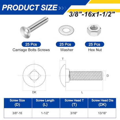 25Set 3/8"-16x1-1/2 Carriage Bolt 304SS - color: Silver, size: 3/8"-16x1-1/2