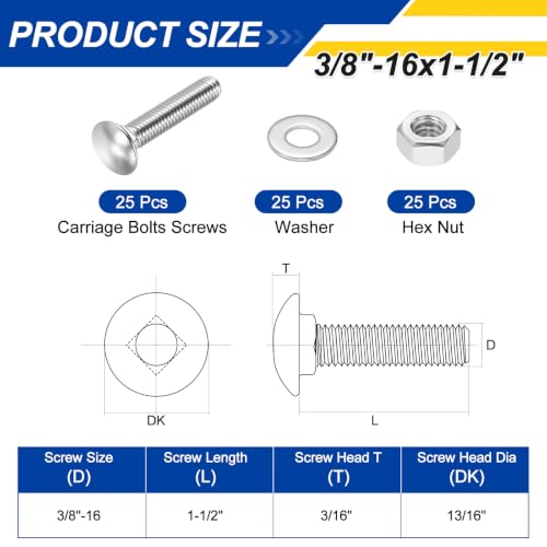 25Set 3/8"-16x1-1/2 Carriage Bolt 304SS - color: Silver, size: 3/8"-16x1-1/2