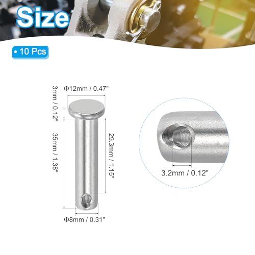 PATIKIL 8 x 35 mm Single Hole Clevis Pins, 10 Pcs 304 Stainless Steel Flat Head Pin for Hitch Pin Lock Link Hinge Systems, Silver - size: 8 x 35 x 29.3 mm