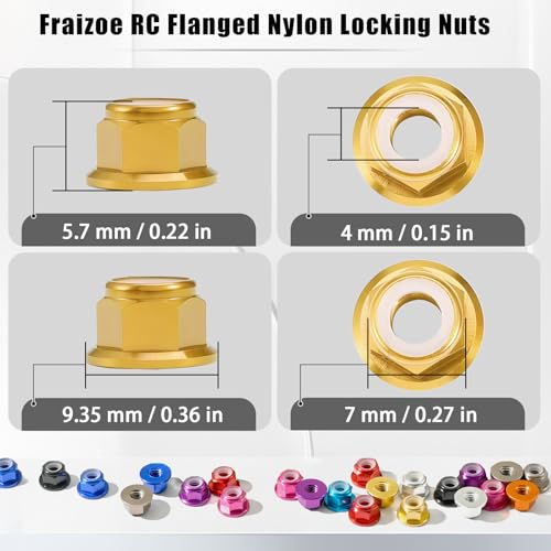 8Pcs M4 Flange Nuts Aluminum, M4-0.7mm Hex Flange Nylon Insert Lock Nuts for 1/10 Scale RC Car Traxxas Slash 4x4 2WD Stampede VXL Rustler VXL HPI Redcat Axial Racing Truck Buggy Crawler Wheels - color: Gold, size: 8Pcs