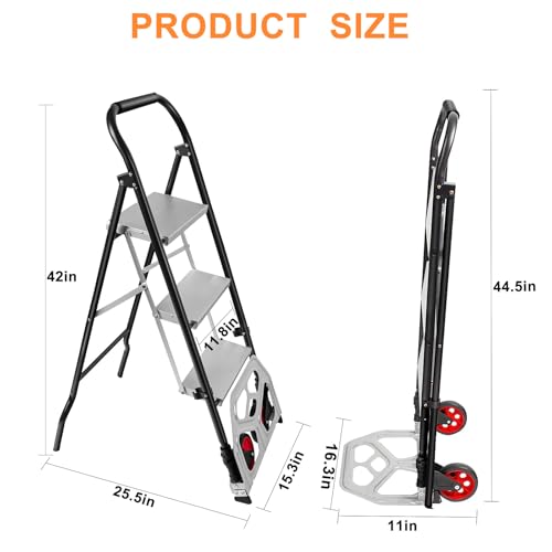 NUNET 2-in-1 Hand Truck Step Ladder - Foldable Dolly Cart 330lbs