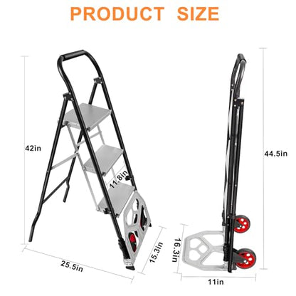 NUNET 2-in-1 Hand Truck Step Ladder - Foldable Dolly Cart 330lbs