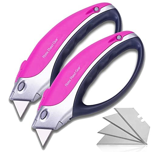 Pink Box Cutter Retractable Utility Knife - Two Pack Heavy Duty Cardboard Carton Cutter Opener Retracting - with 5 Sharp Utility Razors - color: Pink 2 Pack
