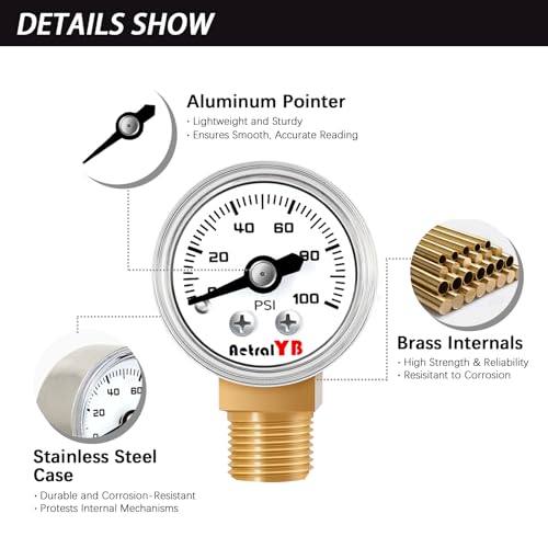 1 Inch Mini Pressure Gauge, 0-100 PSI Gauge, 1/8” NPT Lower Mount, Stainless Steel Case, Brass Internal, ±2.5% Accuracy, Pressure Gauge for Coffee Machines, Air Compressors, and Water Pumps - size: 0-100 PSI, style: Lower Monut