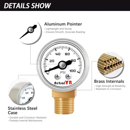 1 Inch Mini Pressure Gauge, 0-100 PSI Gauge, 1/8” NPT Lower Mount, Stainless Steel Case, Brass Internal, ±2.5% Accuracy, Pressure Gauge for Coffee Machines, Air Compressors, and Water Pumps - size: 0-100 PSI, style: Lower Monut