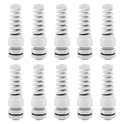 Strain Relief Cord Connector,LISTENJIALE 10Pcs NPT 1/4" Waterproof Cable Gland Flex Spiral Strain Relief Adjustable 4-8mm Cable Connector Nylon Joint with Gaskets(Grey) - color: Grey, size: NPT 1/4" (10-Pack)