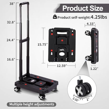 GtIiFmTe Foldable Hand Truck, Lightweight Luggage Cart for Airport Car Seat - size: 4 Wheels-Non Stretchable