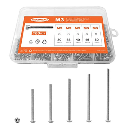 M3 x 30mm 35mm 40mm 45mm 50mm Button Head Socket Cap Screws Bolts, 304 Stainless Steel, Machine Fully Threaded, Metric Allen Hex Drive, Bright Finish, Assortment Kit 100PCS - size: M3 x 30/35/40/45/50mm (100PCS)
