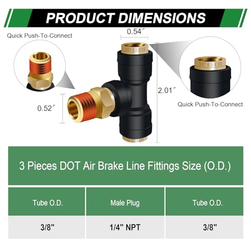 DOT Air Line Quick Connect Tee Fittings 3PCS, 3/8" OD × 1/4" NPT - color: 3/8" * 3/8" * 1/4"NPT 3PCS