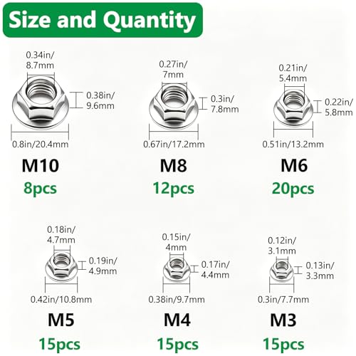 85PCS Hex Flange Nuts Assortment, 304 SS, 6 Metric Sizes M3-M10 - color: Silver, size: M3-M10 (85PCS)