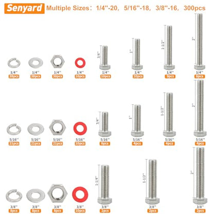 300pcs Hex Bolts and Nuts kit,304 Stainless Steel 1/4-20, 5/16-18,3/8-16 Bolts and Nuts Assortment kit (Lock & Flat Washers), Stainless Bolt Assortment, Stainless Steel Bolts and nut kit - size: 1/4-20, 5/16-18,3/8-16