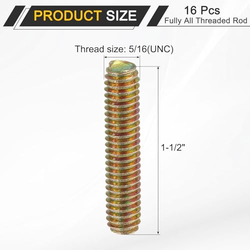uxcell 16 Pack Fully All Threaded Rod 5/16" Thread, 1-1/2" Length, Thread Screw Threaded Rod Screw Sofa Foot Screw Bolt for Chair Furniture Mounting Assembly Fastening - size: 1-1/2"