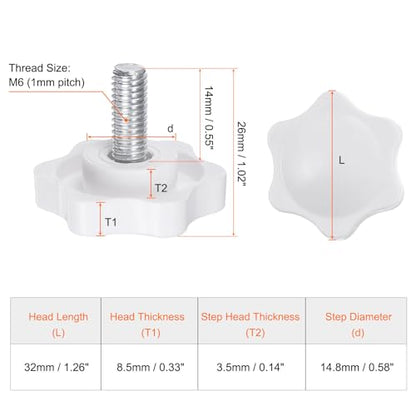 HARFINGTON 10pcs Star Knobs M6 x 14mm Male Thread 32mm Plastic 6-Point Head Stud Knob Hand Tightening Clamping Screw Replacement Threaded Handle, White - size: M6 x 14mm