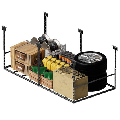 4x8 Ft Overhead Garage Storage Rack, 28-41 inch Height Adjustable Ceiling Mounted Organization Rack, 750 lbs Weight Capacity, 48"x96" Metal Rack for Garage Storage with Hanging Rods - size: 4x8ft w/ 8 Support Bars