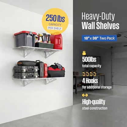 SafeRacks Steel Garage Wall Shelves 2-Pk w/Hooks, 500lb, White (18x36) - color: White, size: 18"x36" (2-Pack)