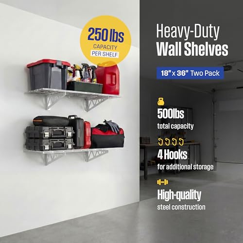 SafeRacks Steel Garage Wall Shelves 2-Pk w/Hooks, 500lb, White (18x36) - color: White, size: 18"x36" (2-Pack)