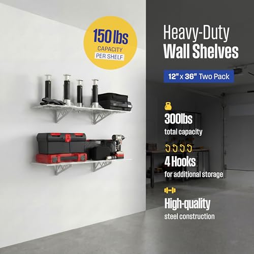 SafeRacks Steel Garage Wall Shelves 2-Pk w/Hooks, 300lb, White (12x36) - color: White, size: 12"x36" (2-Pack)