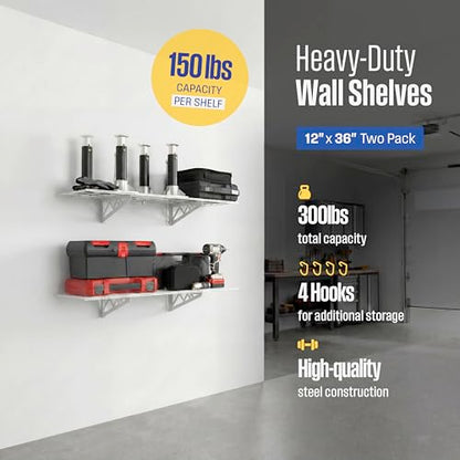 SafeRacks Steel Garage Wall Shelves 2-Pk w/Hooks, 300lb, White (12x36) - color: White, size: 12"x36" (2-Pack)
