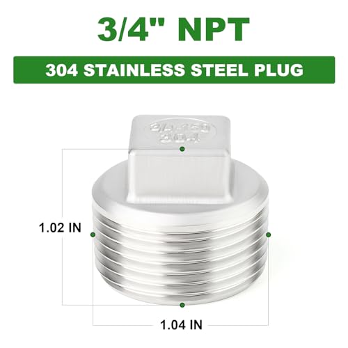 TAISHER 5Pcs 304 SS Square Thread Socket Pipe Plug Fitting 3/4" NPT Male - size: 3/4" MNPT(Plug)