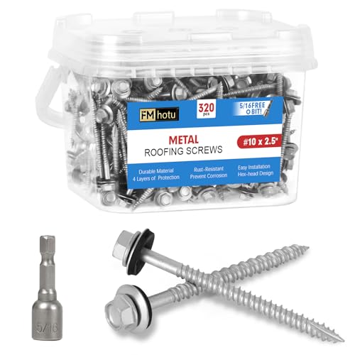 FMhotu Metal Roofing Screws #10×2-1/2Inch, 320-PCS, Hex Head Rustpert Coating Sheet Metal to Wood Siding Screw with EPDM Rubber Washer, Sharp Point, Hex Socket Included - size: #10×2-1/2