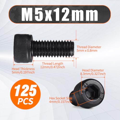 M5 x 12mm Hex Socket Cap Head Screws Bolts, 125pcs Grade12.9 Machine Screws - size: M5x12mm