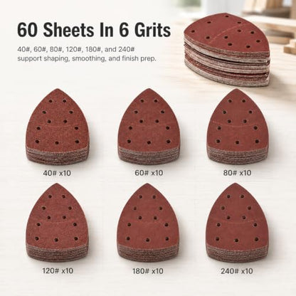 60Pcs Mouse Sander Sandpaper Assorted Grits,11Holes Detail Sander Sandpaper