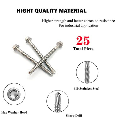 #14 x 3 (1" to 3" Available) Hex Washer Head Self Drilling Screws, 410 Stainless Steel, Self Tapping Sheet Metal Tek Screws, 25 PCS - size: 25 Pcs #14 x 3"