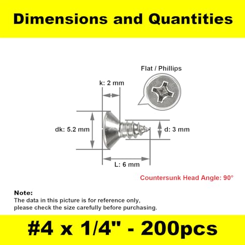 #4 x 1/4" (M3x6mm) 304 Stainless Steel Flat Head Wood Screws, 200pcs - size: #4 x 1/4''-200pcs
