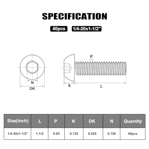 VGBUY 40Pcs 1/4-20 x 1-1/2" Button Head Socket Cap Bolts Screws, 304 Stainless Steel 18-8, Allen Hex Drive, Bright Finish, Fully Threaded, Hex Spanner Included (VG30308) - color: Silver, size: 1/4-20 x 1-1/2"