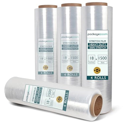 PackageZoom 4 Rolls Clear Stretch Wrap Film 18” x 1500 feet Plastic Wrap for Moving, Packing, Shipping & Storage Heavy Duty Industrial Cling Film for Boxes and Furniture - size: 18" wide x 1500 ft x 4 Rolls
