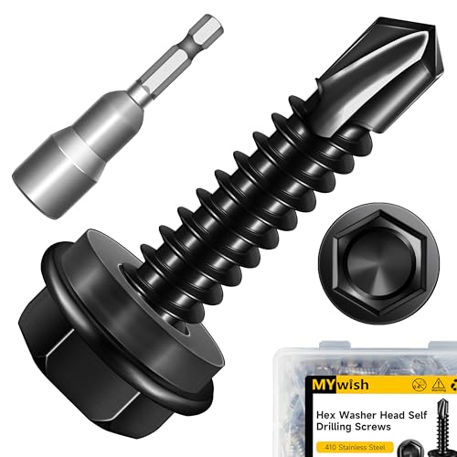 Mywish 50pcs #12 x 1 Self Drilling Screws for Metal, 410 Stainless Steel Hex Washer Head Self Drilling Screws, Black Oxided Self Tapping Sheet Metal Tek Screw Fast Tapping - size: #12x1"(50pcs)
