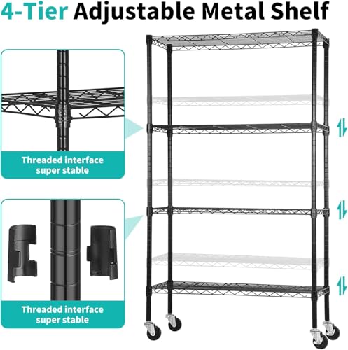 Meet perfect 4-Tier Wire Shelving Unit with Wheels, 36x14x62 in, Black - color: Black, size: 4-Tier, 62"H × 36"W × 14"D