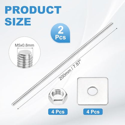 MECCANIXITY 2Set M5x200mm Fully Threaded Rod Threaded Rods Bar Studs - size: M5x200mm