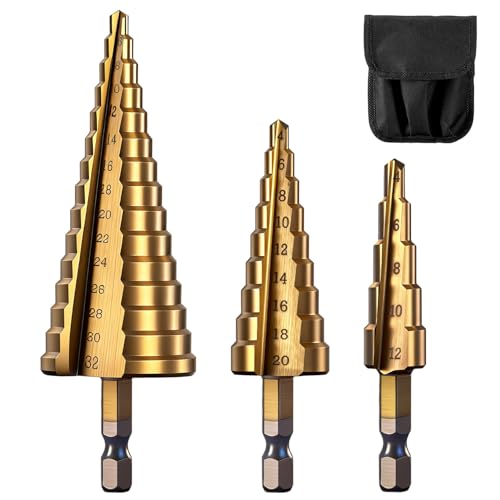Step Drill Bit Set, 3 Pieces Titanium Coated High Speed Steel Unibit Cone Drill Bit Kit for Plastic, Wood, Metal Sheet, Aluminum Hole Drilling HSS Stepped Driil Bit (Metric 4-12mm/4-20mm/4-32mm) - size: 4 - 32 mm