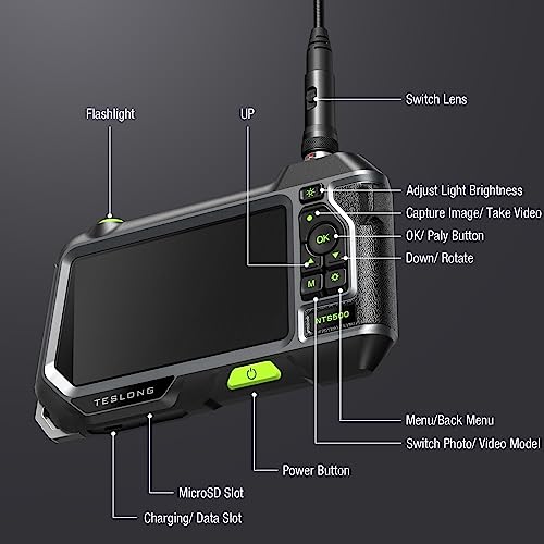 Dual Lens Endoscope with 5" Monitor, Teslong NTS500 Industrial Waterproof Borescope Inspection Camera with 0.21in Front & Side-View Double Lens with 9.8FT Probe, 5-Inch IPS LCD Screen & Case