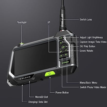 Dual Lens Endoscope with 5" Monitor, Teslong NTS500 Industrial Waterproof Borescope Inspection Camera with 0.21in Front & Side-View Double Lens with 9.8FT Probe, 5-Inch IPS LCD Screen & Case