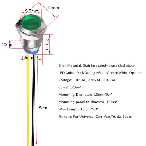 Gebildet 5pcs 10mm LED Metal Indicator Light 110V-220V AC Waterproof Signal Lamp (Green) - color: Green 110V
