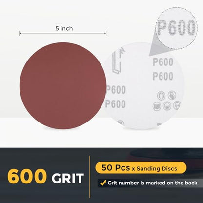 HARFINGTON 50 Pcs 5 Inch Sanding Discs 600 Grit Red Aluminum Oxide - size: 5 Inch(600 Grit)