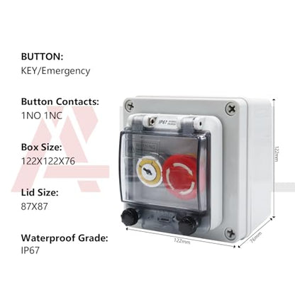 APIELE IP67 Waterproof Outdoor Emergency Stop Switch Box with Protective Cover and Key Button Anti-Misoperation Switch - style: Key Switch/EMG Stop Switch+Box