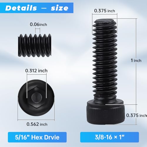 Glvaner 3/8"-16 x 1 (10 pcs) Socket Head Cap Screws, 12.9 Grade Alloy Steel, Black Oxide Finish, Full Thread UNC, Allen Hex Drive - size: 3/8-16 x 1"