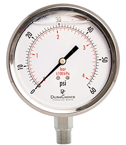 4" SS Oil Filled Pressure Gauge, 3/8" NPT Lower Mount, 60 PSI - size: [0-60 PSI]
