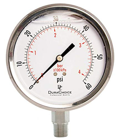 4" SS Oil Filled Pressure Gauge, 3/8" NPT Lower Mount, 60 PSI - size: [0-60 PSI]