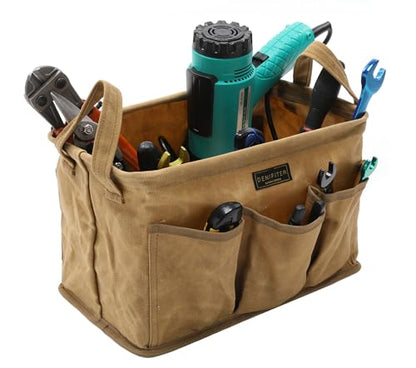 Heavy Duty 16oz Waxed Canvas Tool Bag, Rectangle Foldable Open Top Tool Bags with Handles,7 Pockets &13.8 x 7.8 x 7.8 Inches 3-Pack (Khaki) - color: Khaki
