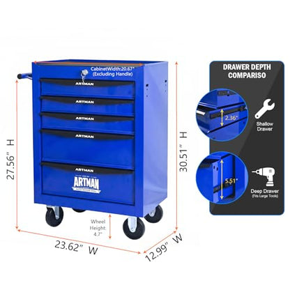 5-Drawer Rolling Tool Chest, Lockable for Garage, Blue - color: Blue, size: 5-Drawers
