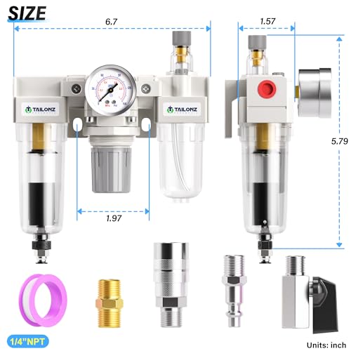 TAILONZ PNEUMATIC 1/4 Inch NPT Automatic Drainage 3 in 1 Oil Air Pressure Regulator Filter AC2000-02D（0-150PSI） with Lubricator Cup for Air Tools System - color: Automatic/3 in 1, size: 1/4"NPT