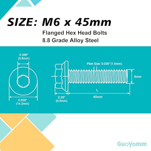 M6 x 45mm 16pcs Flanged Hex Head Bolts, M6 x 1.0 Bolts, Flange Hexagon Head Screws, 8.8 Grade Alloy Steel, Yellow Zinc Plated, Metric Fully Thread - size: M6 x 45mm(16PCS)